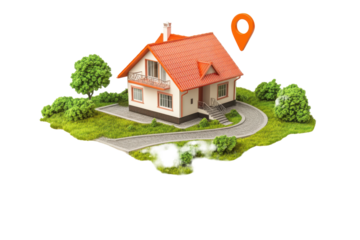 Floating island with house and location pin isolated on transparent background. Real estate location house with a map pin on a floating plot of land isolated on white background.