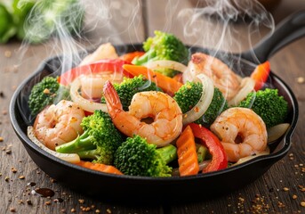 Steaming hot stirfry with shrimp, broccoli, bell peppers, and onions in a cast iron skillet on a wooden surface