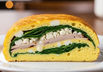 Crosssection of a savory omelet roll filled with spinach, ham, and feta cheese, served on a white plate