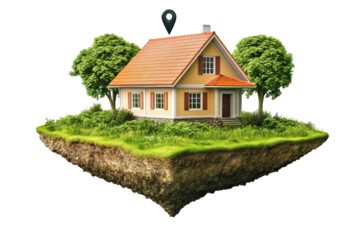 Small charming house on a floating island with trees isolated on transparent background. Real estate location house with a map pin on a floating plot of land isolated on white background.