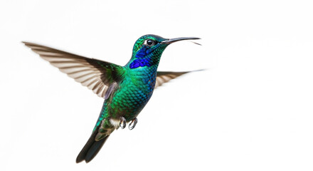 Fototapeta premium Vibrant hummingbird in midflight isolated on white background, displaying its iridescent plumage and dynamic movement in a stunning display