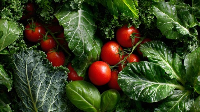 Freshly harvested red tomatoes are surrounded by various leafy greens, showcasing a natural and vibrant arrangement with diverse textures and shades.