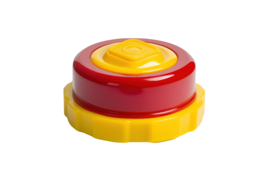 Red and yellow plastic toy button isolated on transparent background. Red emergency stop button on yellow base isolated on white background. - Powered by Adobe