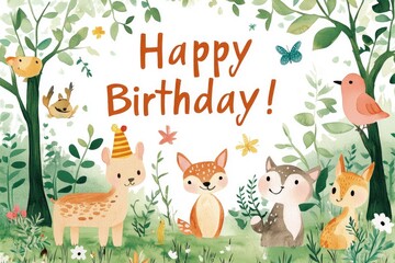 Fototapeta premium Eco-Style, Happy Birthday Card with illustration of forest scene with animals, watercolor