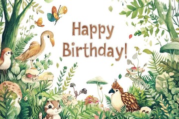 Obraz premium Forest animals. Children's birthday card painted in watercolor with a natural green forest theme