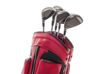 Red golf bag with metal golf clubs isolated on transparent background. Red golf bag with clubs isolated on white background.