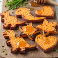 Sweet potato cut into fun shapes like dinosaurs, stars, and hearts, drizzled with honey on a wooden board, a healthy and playful snack for kids