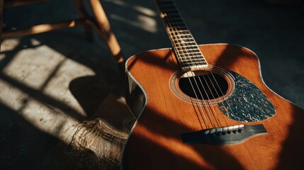 Fototapeta premium Vintage acoustic guitar on wooden floor, warm lighting for music and instrument visuals