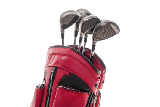 Red golf bag with metal golf clubs isolated on transparent background. Red golf bag with clubs isolated on white background.