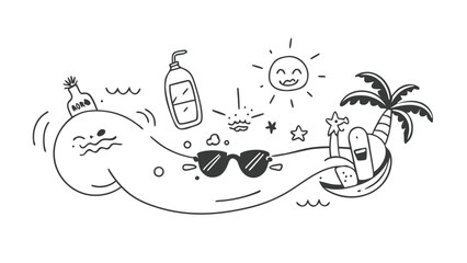 Vibrant summer beach scene illustration with people enjoying outdoor activities and ocean views