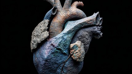 Dark textured human heart sculpture, surreal form for conceptual and artistic visuals