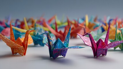 Colorful handcrafted paper cranes are arranged, showcasing intricate folding techniques and vibrant designs across a gradient background, representing peace and creativity in a  setting.