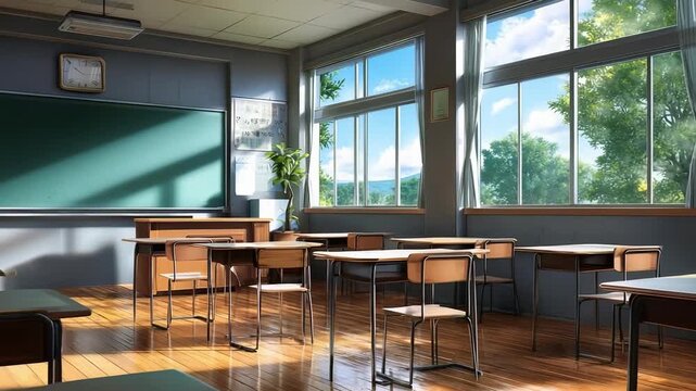 A bright, empty classroom with wooden desks and chairs, a green chalkboard at the front, and large windows letting in daylight.
