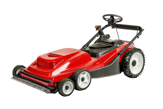 Red and gray lawn mower isolated on transparent background. Red lawn mower isolated on white background.