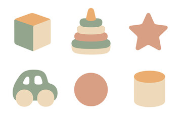 Minimalist collection of baby toys featuring stacking pyramid cube star and wooden car in earthy pastel colors