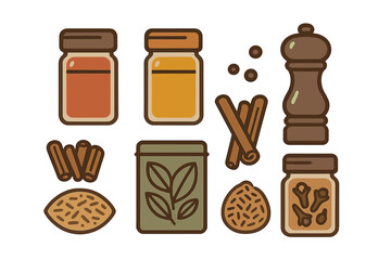 Collection of kitchen spices and herbs including cinnamon, cloves, and pepper in jars