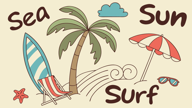 A vibrant and colorful beach themed doodle collage bursting with summer elements and playful illustrations