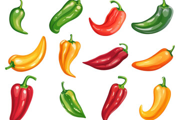 Assortment of fresh chili peppers isolated on transparent background. Collection red pepper green pepper yellow pepper isolated on white background.
