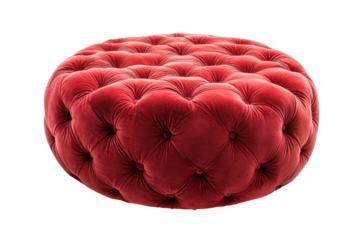 Red velvet tufted round ottoman isolated on transparent background. Red ottoman isolated on white background.