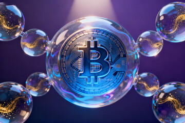 Bitcoin coin in glass bubbles