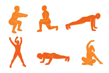 Stylized figures demonstrating various fitness exercises including squats, lunges, planks, and stretching poses