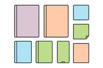 Assortment of blank pastel colored notebooks sticky notes and square screen mockups
