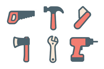 Essential construction and DIY tools collection including hammer saw wrench and power drill