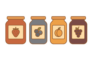 Set of four colorful jars of fruit jam preserves including strawberry, blueberry, apricot, and grape flavors