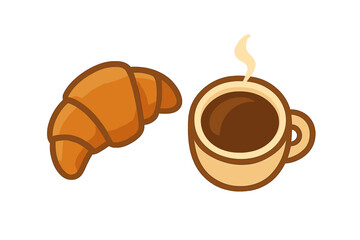 Fresh baked croissant next to a steaming hot cup of coffee for breakfast