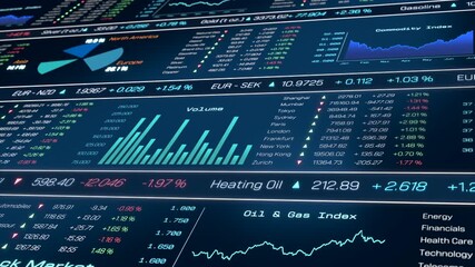 Stock market trading screen with charts, data, indices and currency exchange rates. Trading board, financial market, data, global business, banking. 3D animation - Powered by Adobe