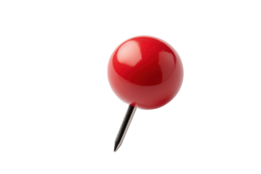 Single red thumbtack isolated on transparent background. Red push pin isolated on white background.
