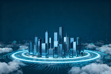 Futuristic cityscape with digital network