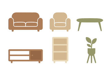 Set of modern minimalist furniture and houseplant icons for interior design layouts