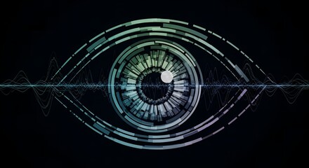 Futuristic digital eye with sound waves on a dark background