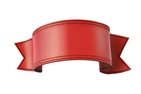 Red satin ribbon banner with decorative pattern isolated on transparent background. Red ribbon isolated on white background.