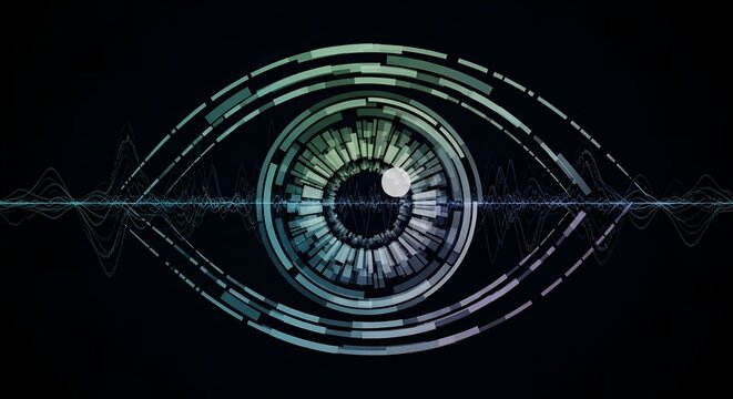 Futuristic digital eye with sound waves on a dark background