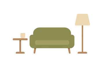 Minimalist flat design set of living room furniture including sofa and lamp