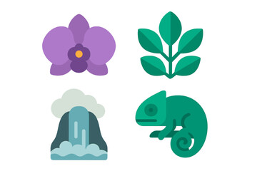 Tropical nature icons set with orchid, chameleon, waterfall, and leafy branch