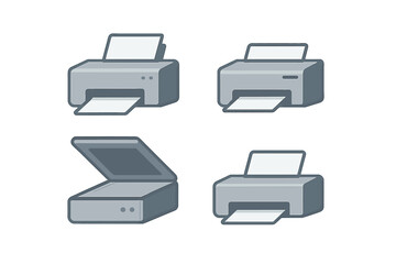Modern office equipment icons featuring various printers and a flatbed scanner