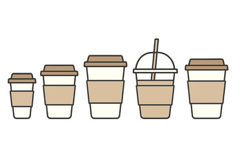 Set of disposable coffee cups showing various sizes and styles for beverages