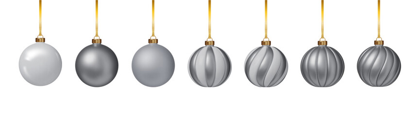 Silver Christmas ball set hanging on ribbons PNG. Realistic 3D baubles holiday decoration vector