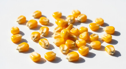 Fototapeta premium Pile of yellow corn kernels isolated on white background, showcasing the vibrant color and texture of this essential grain used in various cuisines