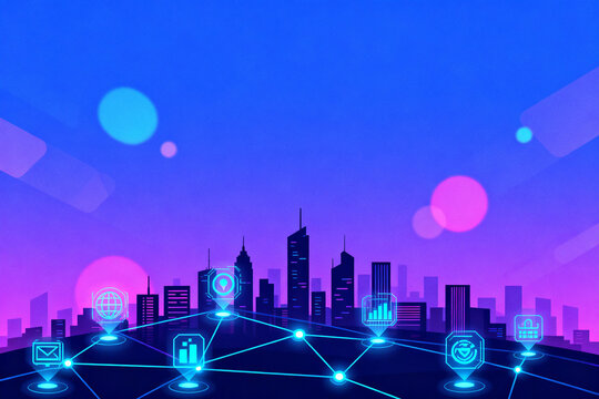 Futuristic cityscape with digital icons