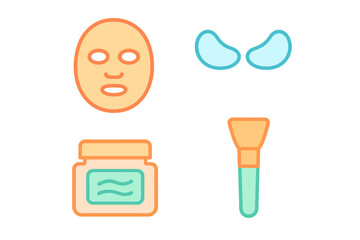 Essential beauty and facial skincare items including mask, patches, cream, and brush