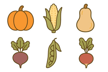 Stylized set of fresh autumn harvest vegetables including pumpkin corn and butternut squash