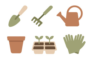 Collection of essential gardening tools and supplies for home planting and horticulture