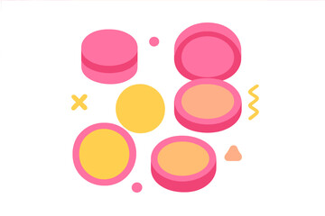 Pink and yellow cosmetic compacts arranged with abstract geometric shapes