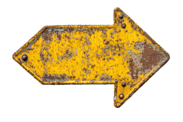 Rusty yellow directional sign pointing right isolated on transparent background. Rusty yellow road sign arrow pointing left isolated on white background.