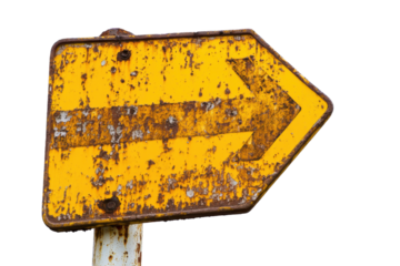 Rusty yellow directional sign pointing right isolated on transparent background. Rusty yellow road sign arrow pointing left isolated on white background.