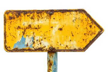 Rusty directional arrow sign pointing right isolated on transparent background. Rusty yellow road sign arrow pointing left isolated on white background.